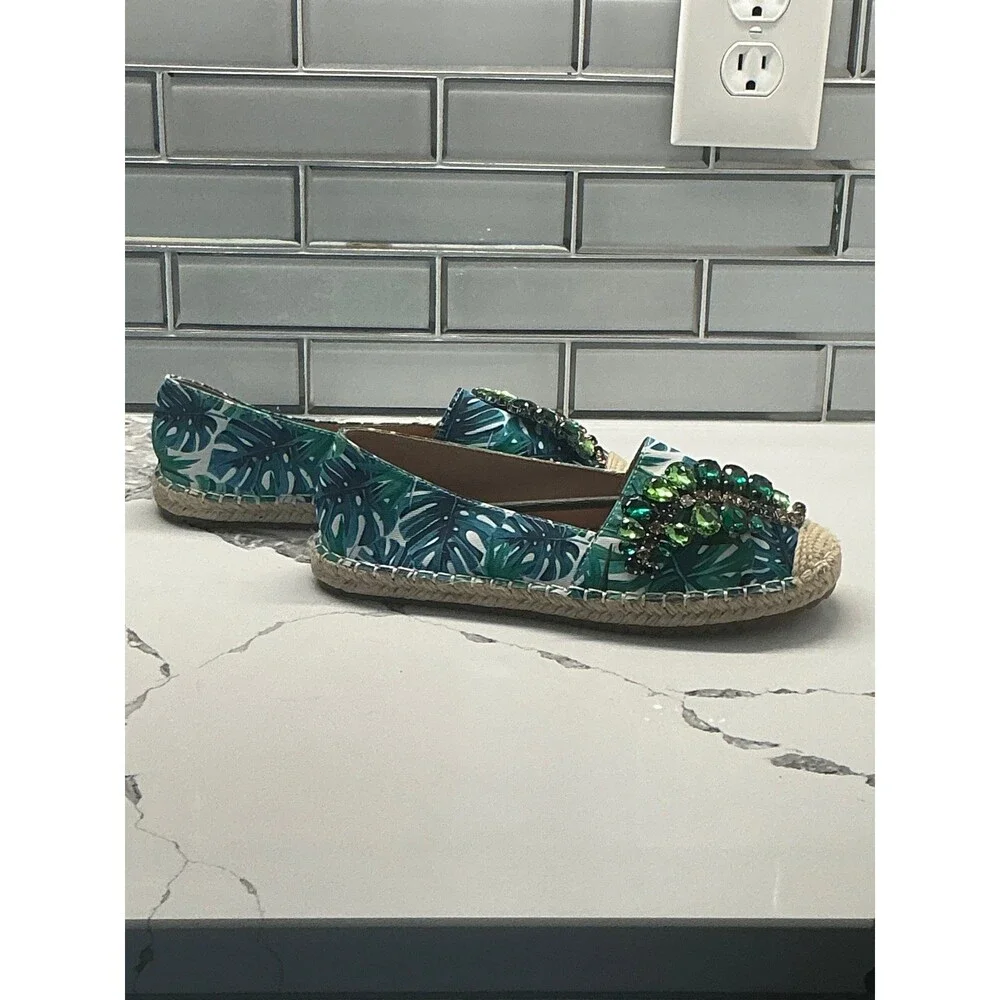 ESPI‎ Flats Espadrille Slides Green Multi Leaf Print Embellished Size 6